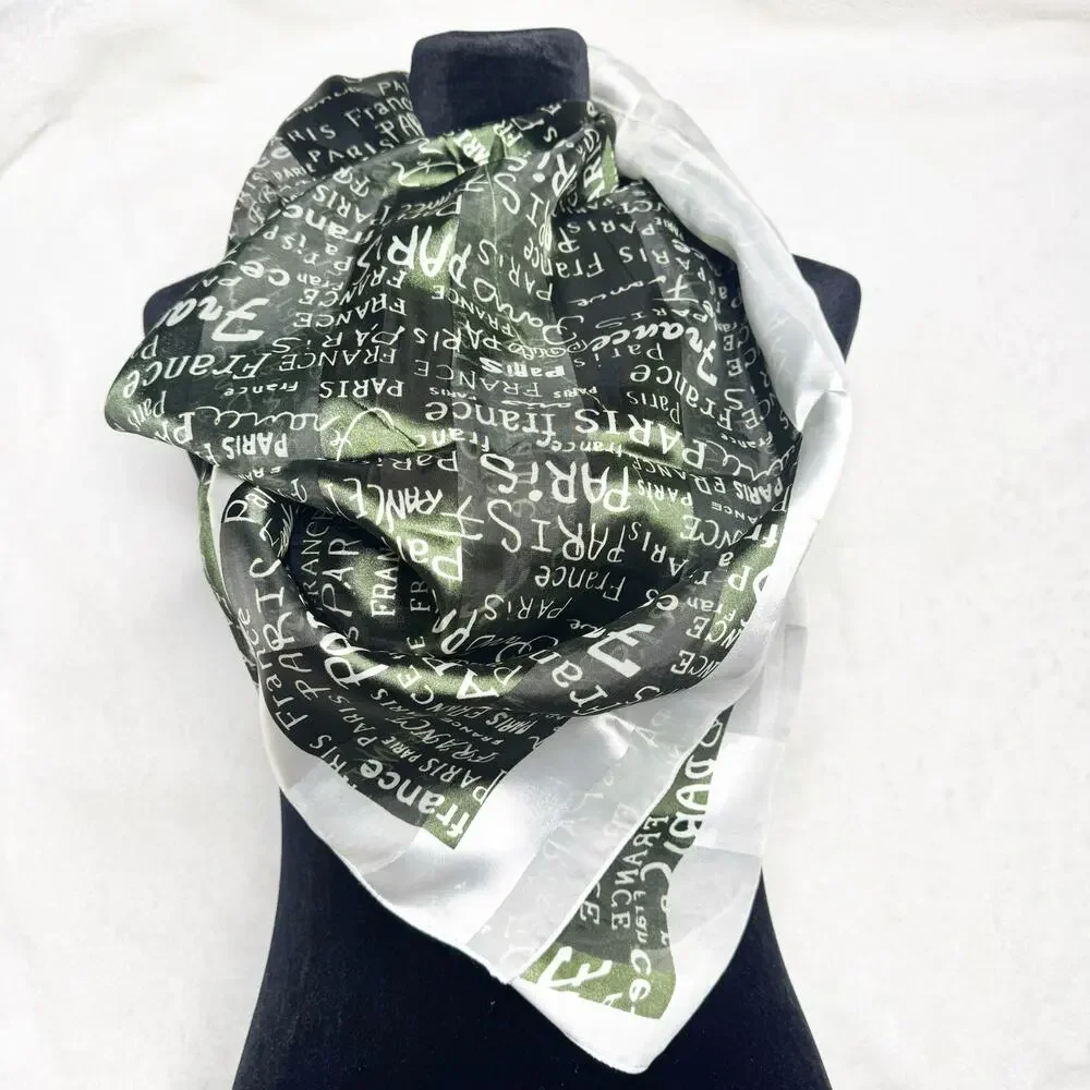 Paris France Black Green Ivory Silky Neck Scarf Neckerchief Striped Satin